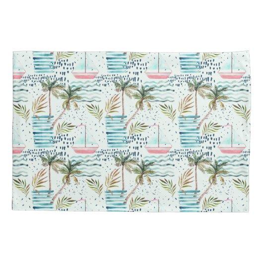 Waterverf Zeilboot met palmboompatroon Kussensloop (Achterkant-Links)