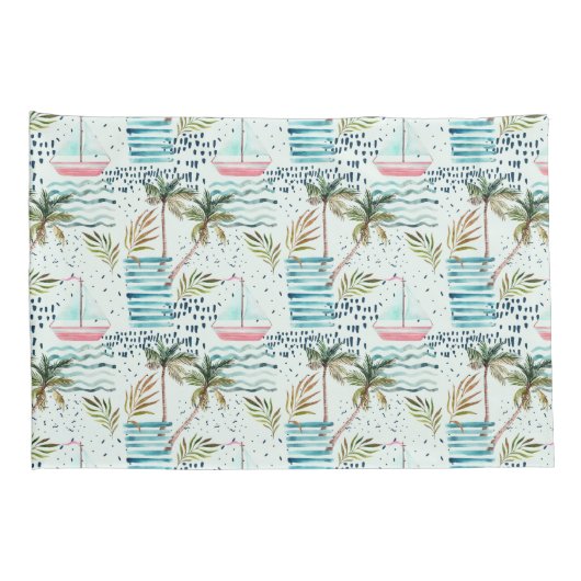 Waterverf Zeilboot met palmboompatroon Kussensloop (Achterkant-Rechts)