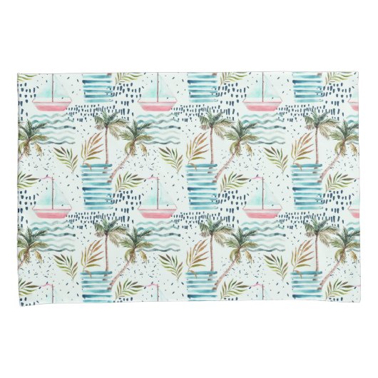 Waterverf Zeilboot met palmboompatroon Kussensloop (Voorkant-Rechts)