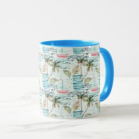 Waterverf Zeilboot met palmboompatroon Mok (Voorkant rechts)