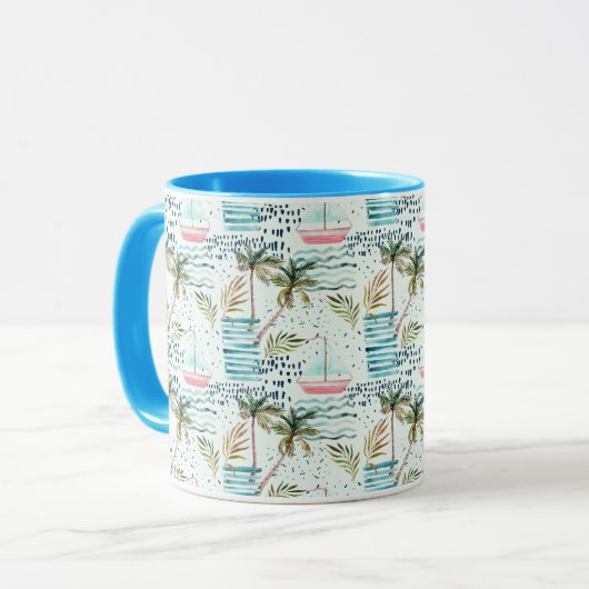 Waterverf Zeilboot met palmboompatroon Mok (Voorkant links)