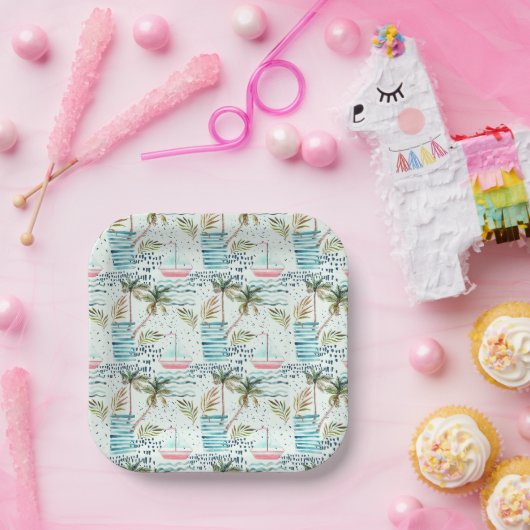 Waterverf Zeilboot met palmboompatroon Papieren Bordje (Feest)