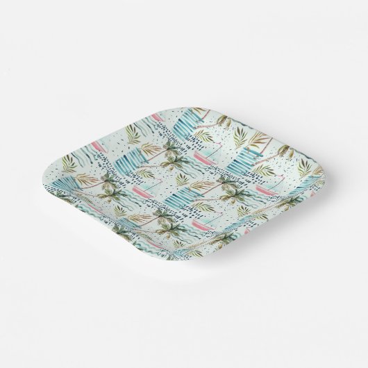 Waterverf Zeilboot met palmboompatroon Papieren Bordje (Gebogen)