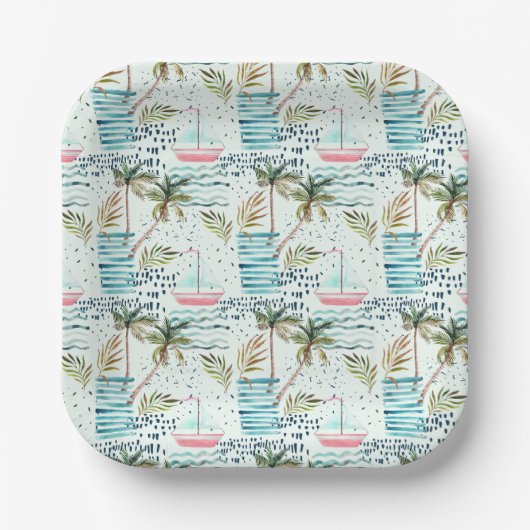 Waterverf Zeilboot met palmboompatroon Papieren Bordje (Voorkant)