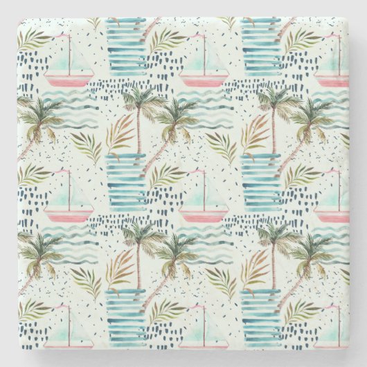 Waterverf Zeilboot met palmboompatroon Stenen Onderzetter (Voorkant)