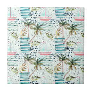 Waterverf Zeilboot met palmboompatroon Tegeltje