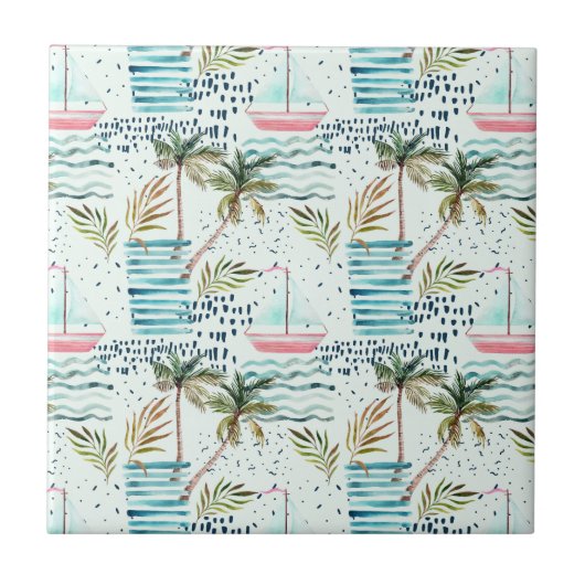 Waterverf Zeilboot met palmboompatroon Tegeltje (Voorkant)