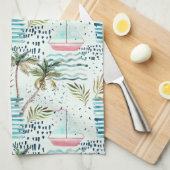 Waterverf Zeilboot met palmboompatroon Theedoek (Quarter Fold)