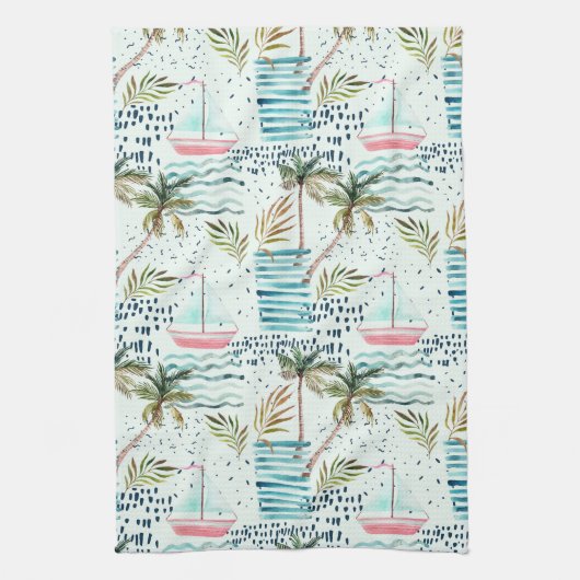 Waterverf Zeilboot met palmboompatroon Theedoek (Verticaal)