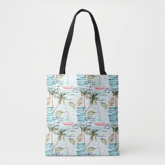 Waterverf Zeilboot met palmboompatroon Tote Bag (Voorkant)