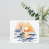 Waterverf zeilboot nautische zonsondergang oceaan briefkaart (Staand voorkant)