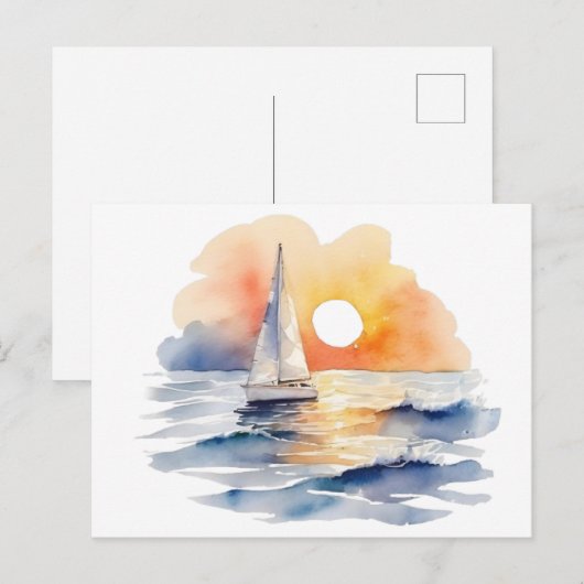 Waterverf zeilboot nautische zonsondergang oceaan briefkaart (Voorkant / Achterkant)