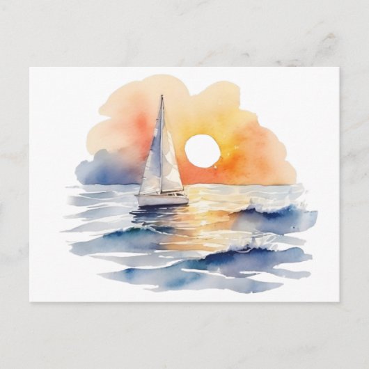 Waterverf zeilboot nautische zonsondergang oceaan briefkaart (Voorkant)