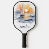 Waterverf zeilboot nautische zonsondergang oceaan pickleball paddle (Achterkant)