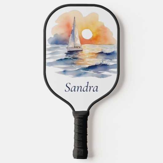 Waterverf zeilboot nautische zonsondergang oceaan pickleball paddle (Achterkant)