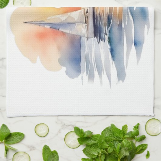 Waterverf zeilboot nautische zonsondergang oceaan theedoek (Gevouwen)