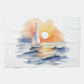 Waterverf zeilboot nautische zonsondergang oceaan theedoek (Horizontaal)