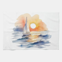 Waterverf zeilboot nautische zonsondergang oceaan
