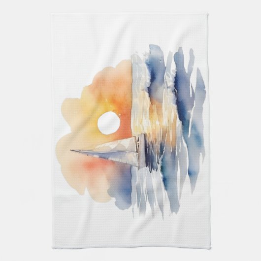 Waterverf zeilboot nautische zonsondergang oceaan theedoek (Verticaal)