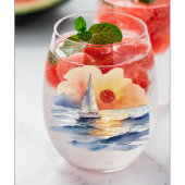 Waterverf zeilboot nautische zonsondergang oceaan wijnglas zonder voet