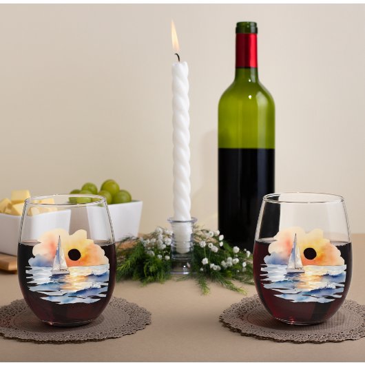 Waterverf zeilboot nautische zonsondergang oceaan wijnglas zonder voet