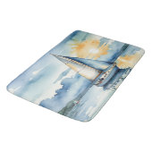 Waterverf zeilboot op een meer bij zonsondergang badmat (Gekanteld)