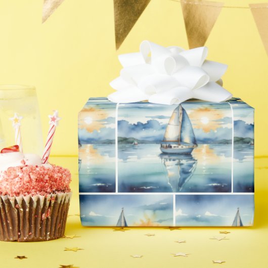 Waterverf zeilboot op een meer bij zonsondergang cadeaupapier (Verjaardagsfeest)