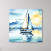 Waterverf zeilboot op een meer bij zonsondergang canvas afdruk (Voorkant)