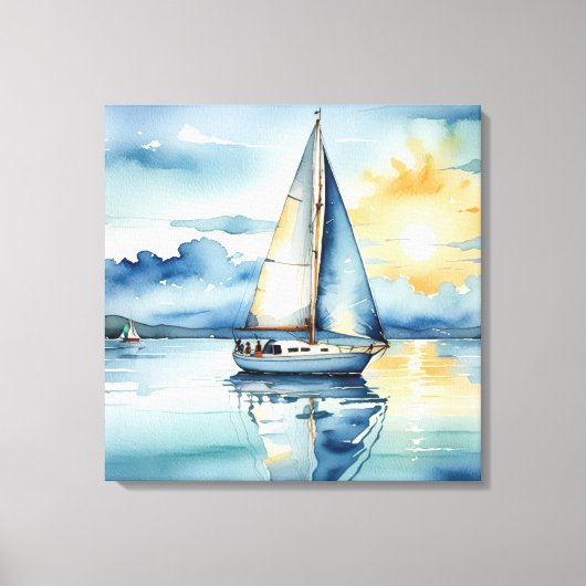 Waterverf zeilboot op een meer bij zonsondergang canvas afdruk (Voorkant)