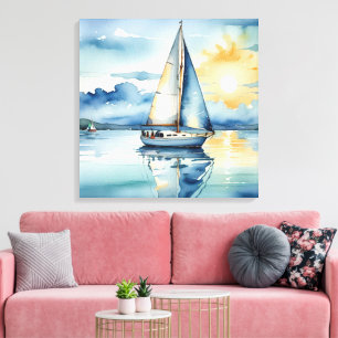 Waterverf zeilboot op een meer bij zonsondergang canvas afdruk