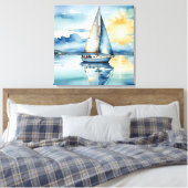 Waterverf zeilboot op een meer bij zonsondergang canvas afdruk (Insitu (Slaapkamer))