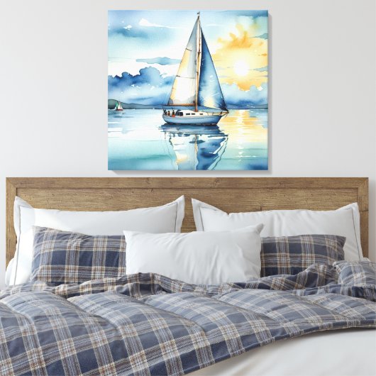 Waterverf zeilboot op een meer bij zonsondergang canvas afdruk (Insitu (Slaapkamer))