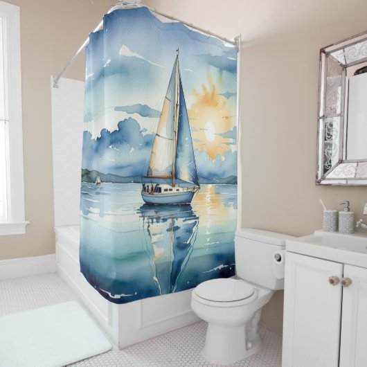 Waterverf zeilboot op een meer bij zonsondergang douchegordijn (In situ)