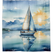 Waterverf zeilboot op een meer bij zonsondergang douchegordijn (Voorkant)