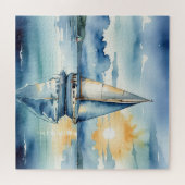 Waterverf zeilboot op een meer bij zonsondergang legpuzzel (Horizontaal)