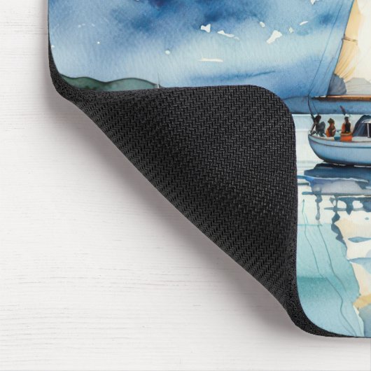 Waterverf zeilboot op een meer bij zonsondergang muismat (Hoek)