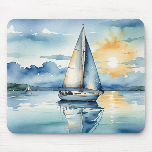 Waterverf zeilboot op een meer bij zonsondergang muismat (Voorkant)