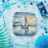 Waterverf zeilboot op een meer bij zonsondergang papieren bordje (Feest)
