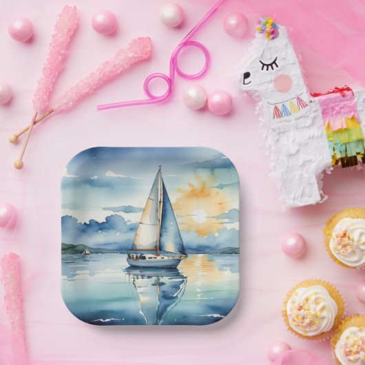 Waterverf zeilboot op een meer bij zonsondergang papieren bordje (Feest)