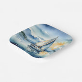 Waterverf zeilboot op een meer bij zonsondergang papieren bordje (Gebogen)