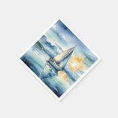 Waterverf zeilboot op een meer bij zonsondergang servet (Hoek)