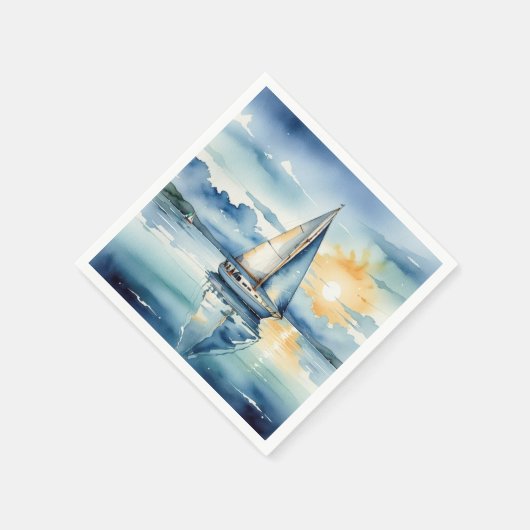 Waterverf zeilboot op een meer bij zonsondergang servet (Hoek)