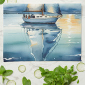 Waterverf zeilboot op een meer bij zonsondergang theedoek (Gevouwen)