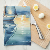 Waterverf zeilboot op een meer bij zonsondergang theedoek (Quarter Fold)