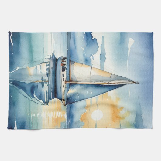 Waterverf zeilboot op een meer bij zonsondergang theedoek (Horizontaal)