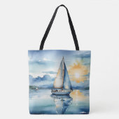 Waterverf zeilboot op een meer bij zonsondergang tote bag (Voorkant)