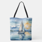 Waterverf zeilboot op een meer bij zonsondergang tote bag (Achterkant)