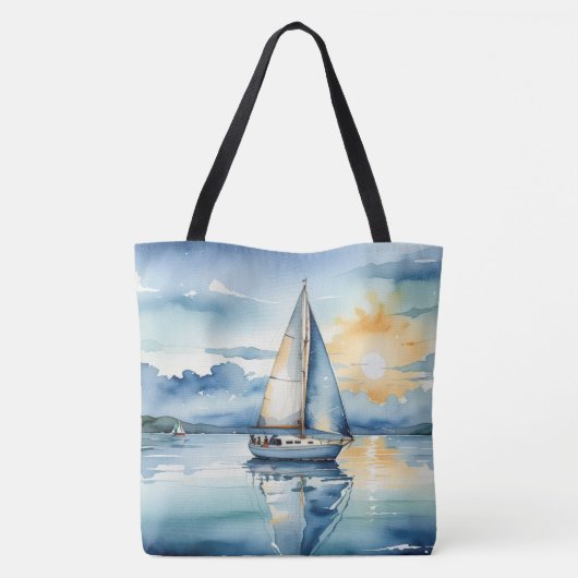 Waterverf zeilboot op een meer bij zonsondergang tote bag (Achterkant)