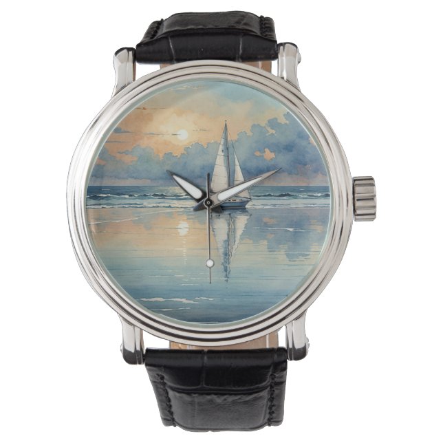 Waterverf zeilboot op oceaan schilderen horloge (Voorkant)
