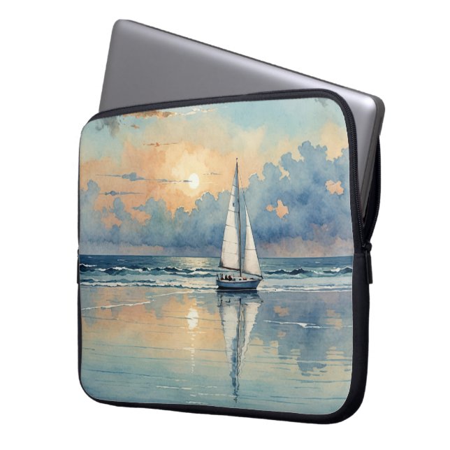 Waterverf zeilboot op oceaan schilderen laptop sleeve (Voorkant Links)